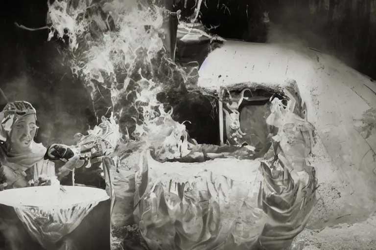 Prompt: umm kulthum in a morning gown frying an egg on a stove in her kitchen, photograph by Annie Leibovitz