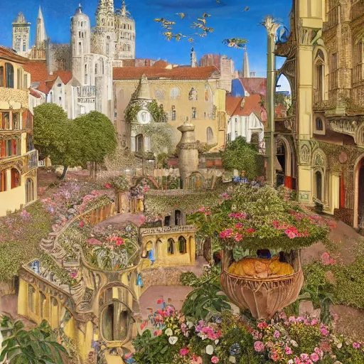 Prompt: hyperrealistic detailed painting of medieval city, with flowers, beetles, bacteria, fish skeletons, fungi, scales, golden filigree, art by ernst haeckel, john william godward, hammershøi, alphons mucha, pontormo, ornamental, decorative, art nouveau pattern, deep pastel colors,