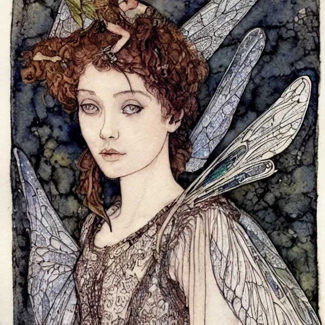 Image similar to a detailed, intricate watercolor and ink portrait illustration with fine lines of young 1 4 year old scarlett johannson as a fairy with dragonfly wings wearing a peasant dress, by arthur rackham and edmund dulac and lisbeth zwerger