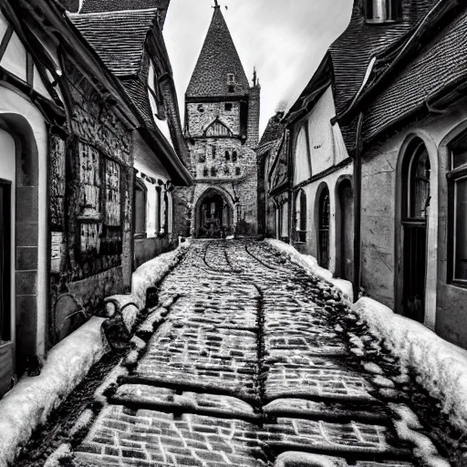 Image similar to an ultra detailed black and white tarot card of the quaint town of galic, grid shaped city cobblestone streets, fantasy city, the morning after a heavy snowfall, wind, inspiring gothic architecture, ultrawide lense, aerial photography, unreal engine, exquisite detail, 8 k, art by greg rutkowski and alphonse mucha