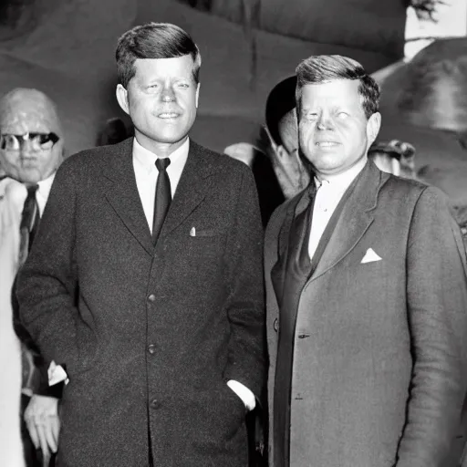 Prompt: a photograph of jfk standing next to gandalf the grey