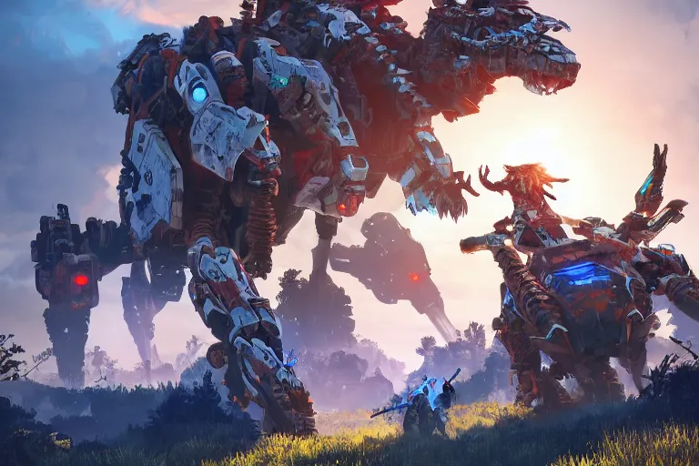 Image similar to ravager machine mecha animal beast robot of horizon forbidden west horizon zero dawn bioluminiscence global illumination ray tracing hdr fanart arstation by sung choi and eric pfeiffer and gabriel garza and casper konefal