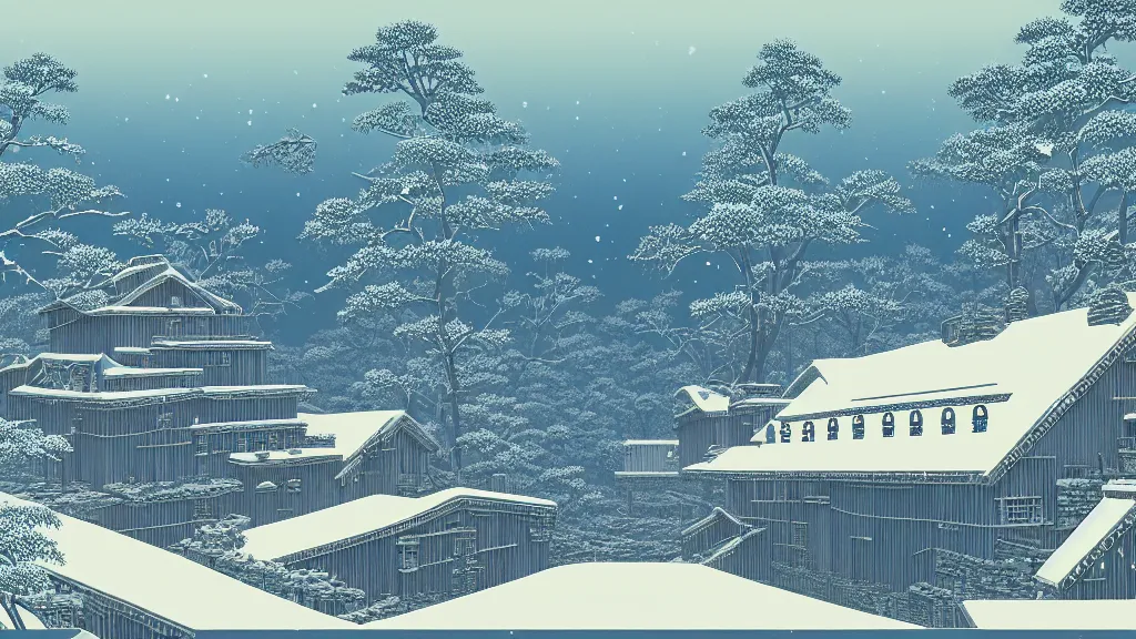 Prompt: A winter in hell, flat design, screen print by Kawase Hasui and dan hillier, 8k unreal engine