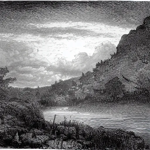 Prompt: Drawing of the Rhein, forest, high detail, clouds, realistic, illustration by Gustave Doré