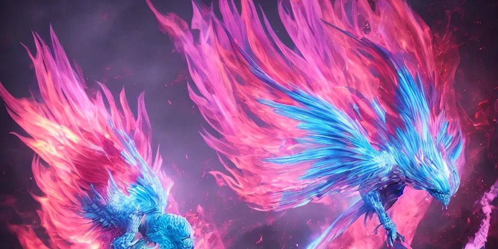 Prompt: pink and blue flaming phoenix, character portrait, unreal engine 5, intricate, detailed, realistic, masterpiece