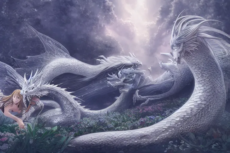 Image similar to a hyper detailed big render of princess lie on the ground be surrounded snuggle by a huge silver white dragon, in the white clouds fairyland center, finely detailed angelic face, style of studio ghibli, makoto shinkai, xision, ilya kuvshinov and artgerm, kazuki tanahashi, james jean, animation, golden curve composition, telephoto lens