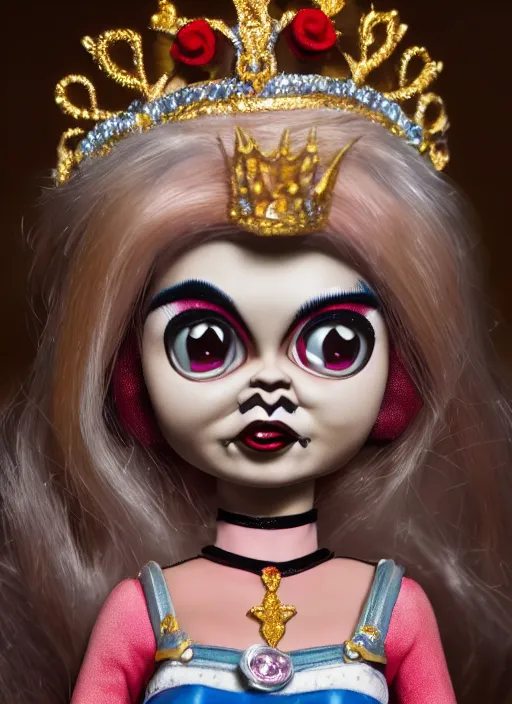 Image similar to closeup face profile portrait of tin toy bride of chucky as a fairytale princess wearing a crown eating cakes, bikini, depth of field, zeiss lens, detailed, symmetrical, centered, fashion photoshoot, by nicoletta ceccoli, mark ryden, lostfish, breathtaking, 8 k resolution, extremely detailed, beautiful, establishing shot, artistic, hyperrealistic, octane render