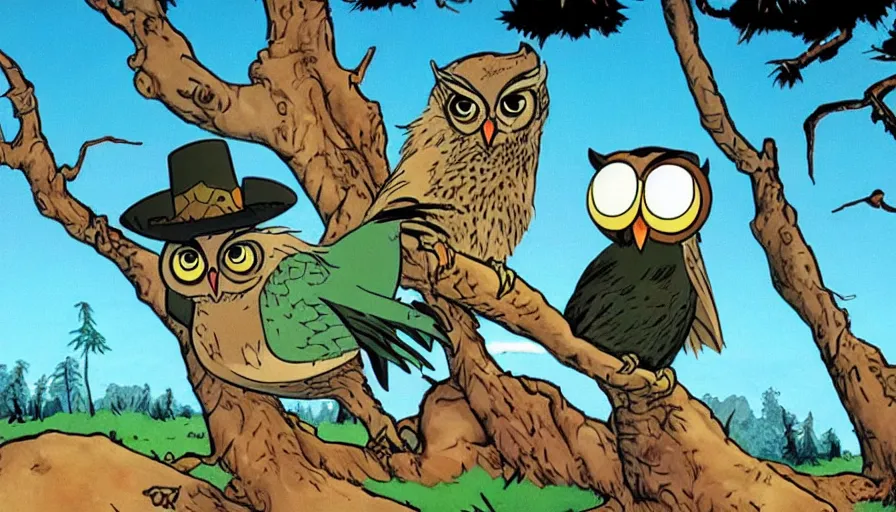 Image similar to saturday morning cartoon show The Lone Ranger as an owl animal, screenshot from 1990s animated show