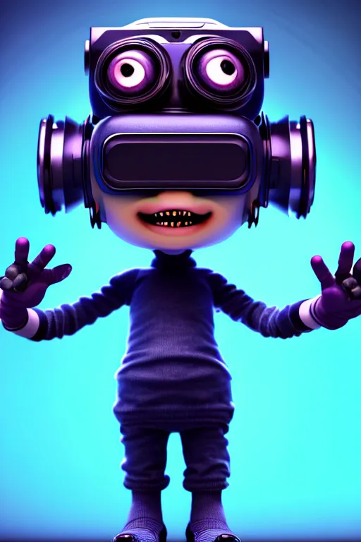 Prompt: a tiny cute cyberpunk monster with vr goggles hand controllers smiling waving, back view, isometric 3 d, ultra hd, character design by mark ryden pixar hayao miyazaki, unreal 5, daz, hyperrealistic, octane render, cosplay, rpg portrait, dynamic lighting, intricate detail, summer vibrancy, cinematic, symmetrically isometrically centered