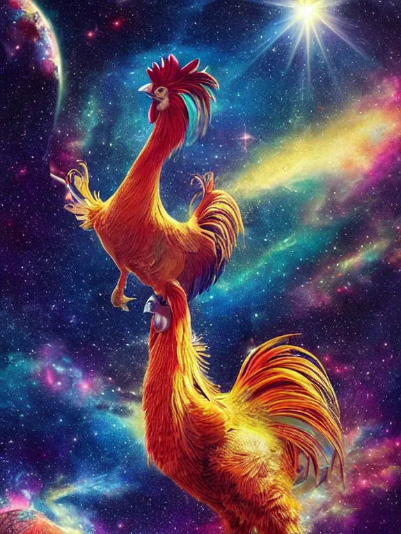 Image similar to a lone giant majestic rooster in strut position, floating through the galaxy cosmic nebula, epic, volumetric light, hyperrealistic, glitter, mega detailed, beautiful composition, beautiful lighting, unreal render, 4 k, vincent di fate, john berkey, michael whelan, good lookin rooster