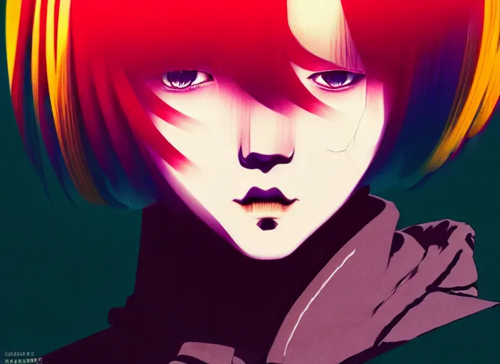 Image similar to editorial illustration by Karolis Strautniekas and Mads Berg, colorful, anime portrait vampire princess miyu, katsuhiro otomo, manga, Ilya kuvshinov,fine texture, manga shading, fine details, matte colors, film noir, dramatic lighting, dynamic composition, moody, vivid, volumetric,Narumi Kakinouchi