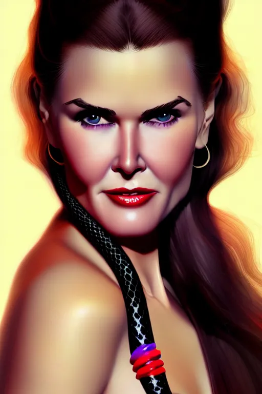 Image similar to mix of beautiful young maria shriver, mariel hemmingway, brooke shields, nicole kidman and elle macpherson as a snake girl with fangs, thin lips, hair tied up in a pony tail, dark blonde hair, colorful, artstation, cgsociety