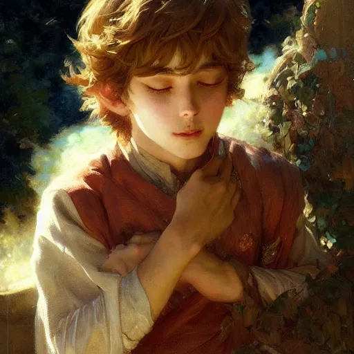 Prompt: detailed portrait of serene anime boy raphael, closed eyes, natural light, painting by gaston bussiere, craig mullins, j. c. leyendecker