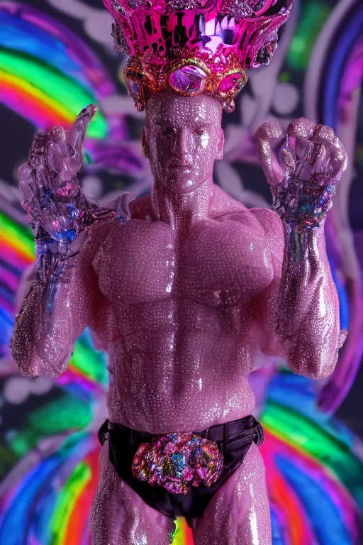 Image similar to hyper detailed ultra sharp fullbody photo of baroque and cyberpunk transparent pink ceramic sculpture of a muscular seductive muscular italian guido feeling muy cachondo, muy dotado, iridescent humanoid deity wearing pink plastic seethrough cloak, holding a rainbow tiger gem, blue diamond, glowing pink face, crown of white diamonds, cinematic lighting, photorealistic, octane render 8 k