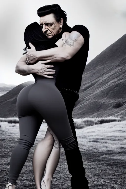 Image similar to johnny cash hugging kim kardashian, centered full body rear-shot, pov from rear, kim wearing skintight grey sportswear, real photo, photoshooting, studio light, Irish mountains background, intricate, epic lighting, cinematic composition, hyper realistic, 8k resolution, unreal engine 5