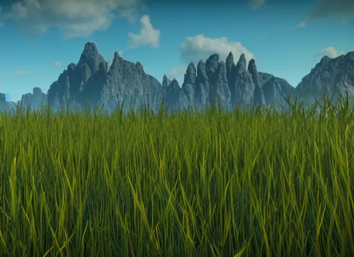 Prompt: fields of grass and flowers and blue sky with mountains in the background. Intricate. Very detailed 8k. Fantasy horror. Sharp. Cinematic post-processing. Unreal engine. Nanite. Ray tracing. Parallax. Tessellation