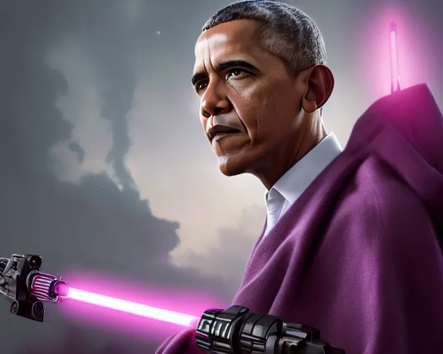 Image similar to 5 5 mm portrait photo of barack obama as mace windu with a purple lightsaber. dark atmosphere. art by greg rutkowski. highly detailed 8 k. intricate. lifelike. soft light. nikon d 8 5 0.