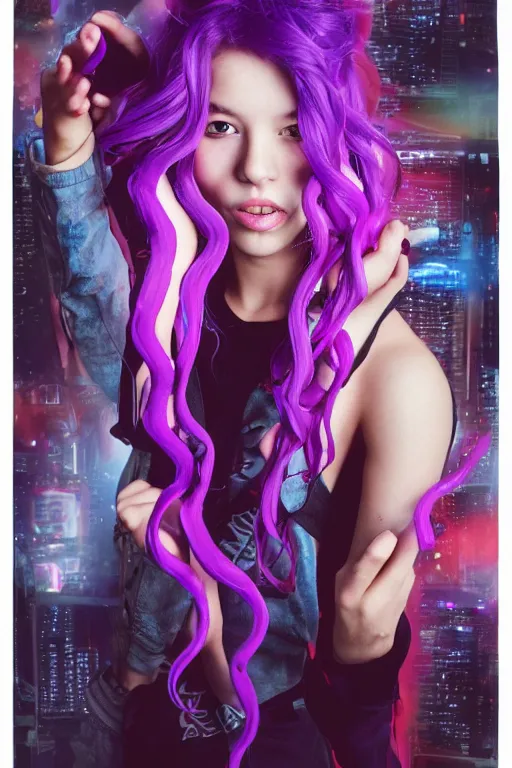 Image similar to young teen with purple tentacled hair, with red flames dancing on her hands with a long jacket in a cyberpunk city, realistic, high definition, 4K, shimmering color, digital art, Instagram filters, Photoshop, Adobe Lightroom, Adobe After Effects, taken with polaroid kodak portra