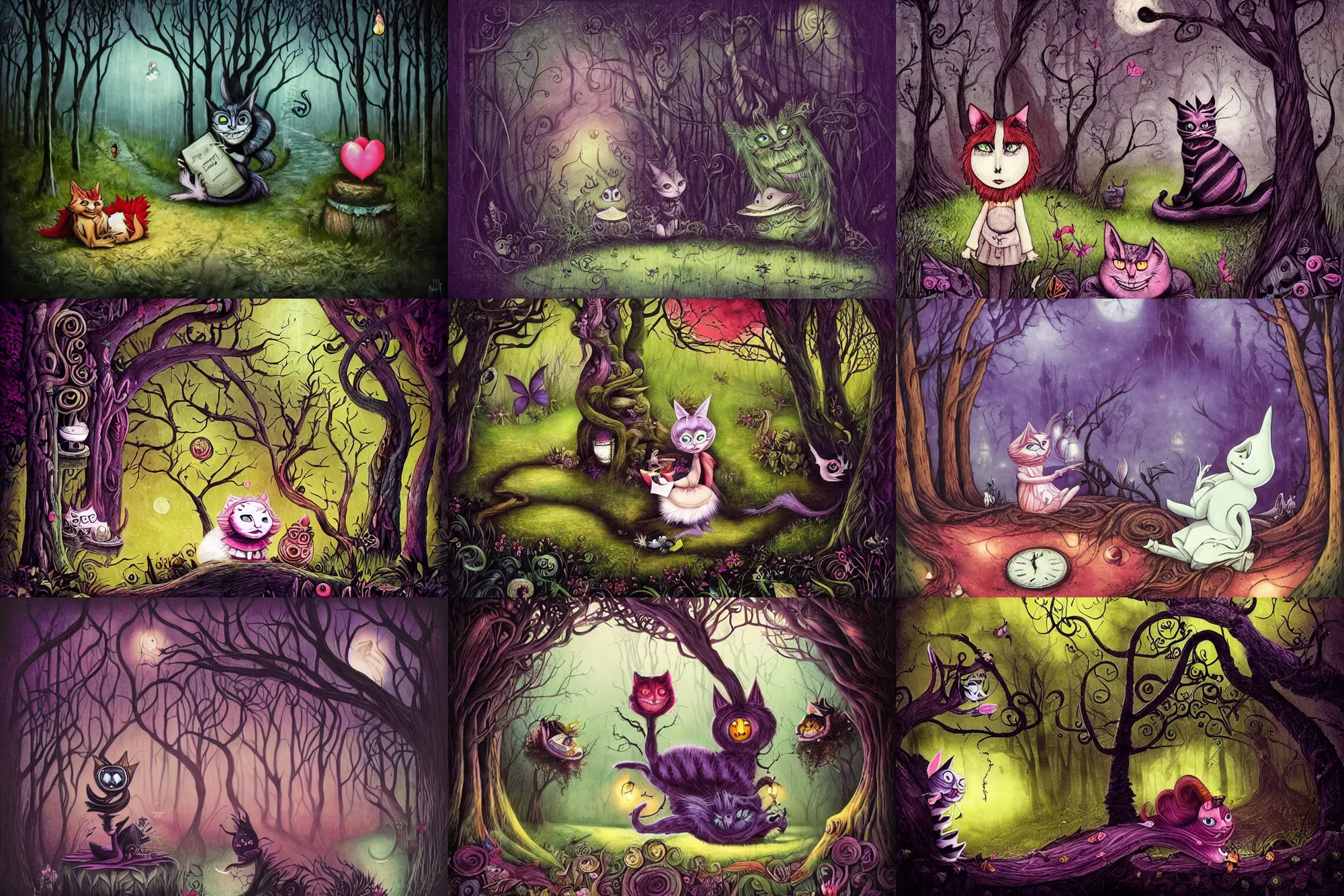 Prompt: Alice meets the Cheshire-Cat in the forest, dramatic, art style Megan Duncanson and Benjamin Lacombe, super details, dark dull colors, ornate background, mysterious, eerie, sinister