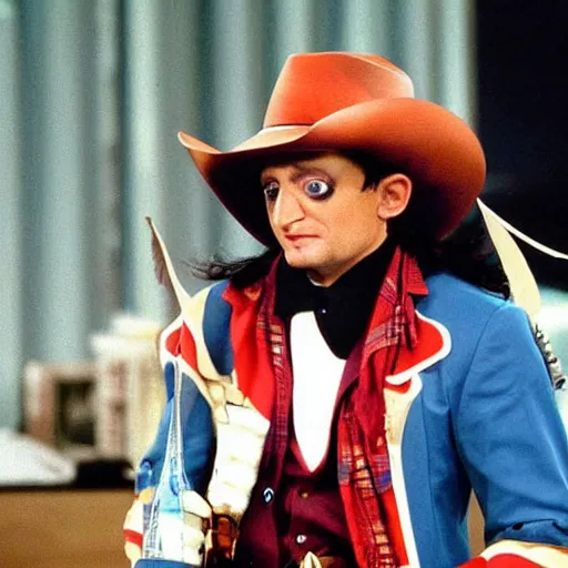 Image similar to Tim Robinson from I think You should Leave, dressed up as the Lone Ranger cowboy outfit and eye mask disguise, photo from the 1990s TV show Hot Shots Megee