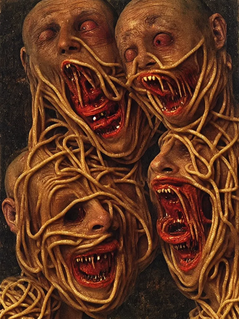 Image similar to siamese twins made of spaghetti, looking straight into camera, screaming in agony, 1 9 4 0 s, by giuseppe arcimboldo and ambrosius benson, renaissance, intricate and intense oil paint, a touch of beksinski and hr giger and edward munch, realistic