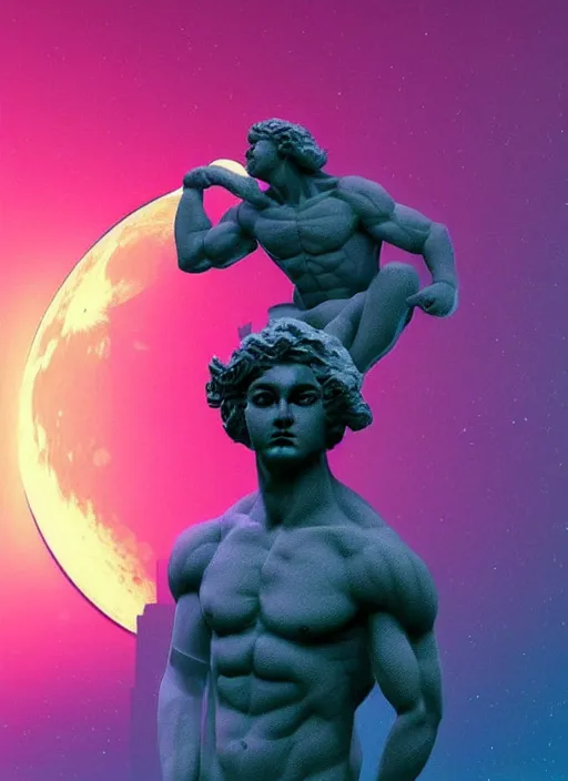 Image similar to statue of atlas, moon in the background, beeple, vaporwave, retrowave, black background, neon wiring, black, glitch, strong contrast, cuts, pinterest, trending on artstation