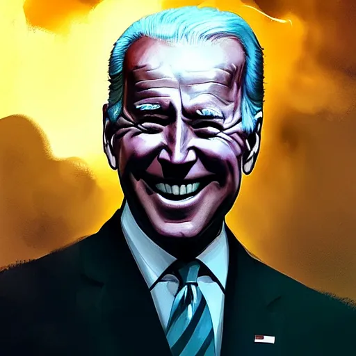 Image similar to joe biden smiling with blood in his face while behind him the world is burning, dramatic lighting, cinematic, establishing shot, extremly high detail, photorealistic, cinematic lighting, artstation, style by James Gurney