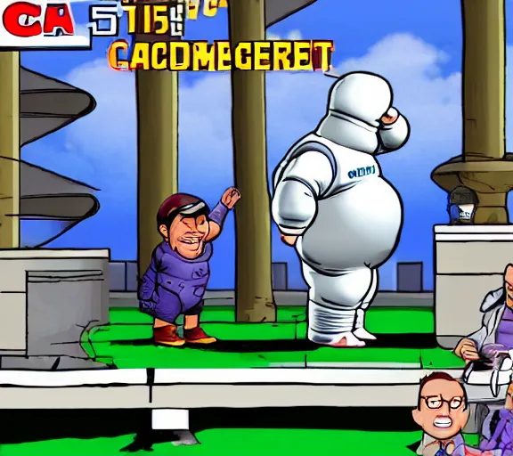 Image similar to screenshot of a sega genesis game, michelin man, columbo, chuck schumer