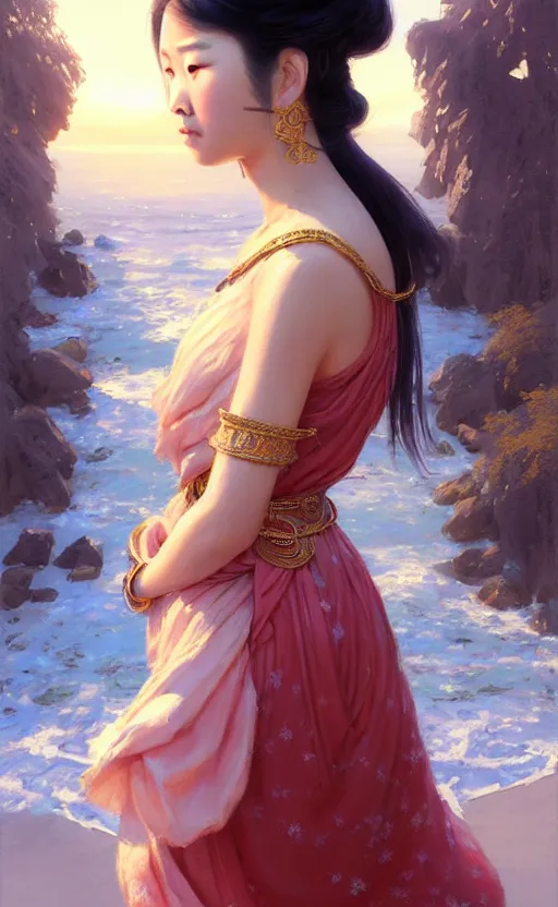 Image similar to a beautiful young charming asian goddess with sundress and jewelry | | winter, realistic shaded, unpleasant face, good looking, fine details, dior, lv, realistic shaded lighting poster by greg rutkowski, macoto takahashi, magali villeneuve, artgerm, jeremy lipkin and michael garmash