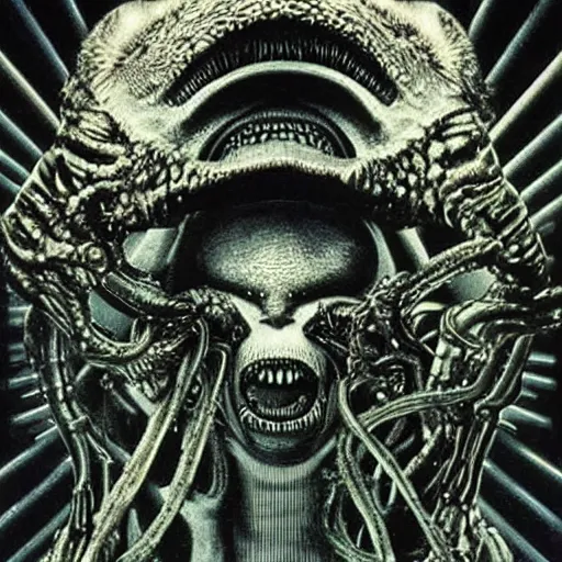 Prompt: space alienslimy, glossy, sharp teeth, by h. r. giger, and space odyssey 2 0 0 1, nightmare fuel, nightmarish, intricate, highly detailed, optical illusion, stranger things demogorgon, cave lighting, flickering