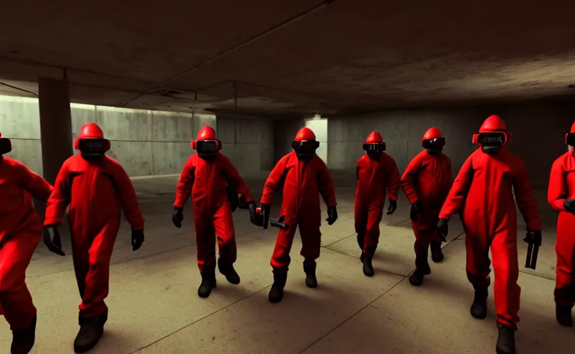 Image similar to in-game screenshot of a group of dark red hazmat scientists holding guns walking on unreal engine 5, in a liminal underground garden, photorealistic, retrofuturism, brutalism, staggered terraces, minimalist, soft vintage glow