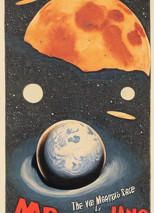Image similar to earth with a face eating the mars, le voyage dans la lun, art style by george melies, a trip to the moon