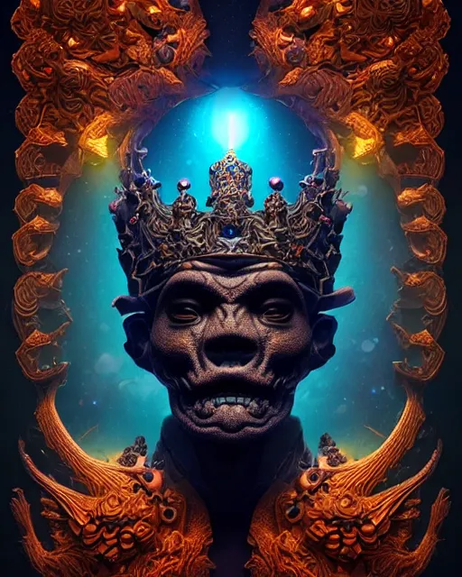 Image similar to 3 d ornate carved dark cosmic king queen profile portrait, sigma 5 0 0 mm f / 5. beautiful intricate highly detailed quetzalcoatl skull. bioluminescent, plasma, lava, ice, water, wind, creature, thunderstorm! artwork by tooth wu and wlop and beeple and greg rutkowski, 8 k trending on artstation