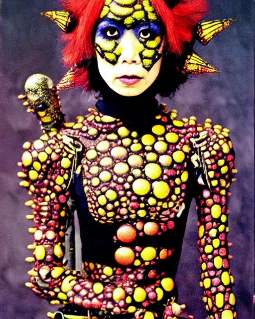 Prompt: portrait of a skinny punk goth yayoi kusama wearing armor by simon bisley, john blance, frank frazetta, fantasy, thief warrior, floral flowers colorful