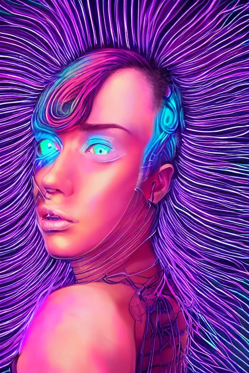 Prompt: a award winning half body portrait of a beautiful woman with stunning eyes in a croptop and cargo pants with ombre purple pink teal hairstyle and hands in pockets by thomas danthony, surrounded by whirling illuminated lines, outrun, vaporware, shaded flat illustration, digital art, trending on artstation, highly detailed, fine detail, intricate