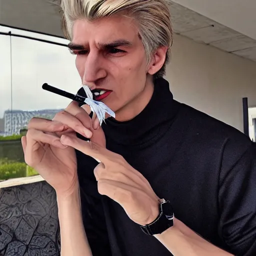 Image similar to a closeup photo of handsome gigachad xqc smoking