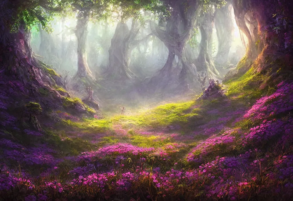 Image similar to an alien flowering meadow a forest behind it, epic fantasy, detailed, intricate, digital painting, concept art, realistic, smooth, focus, rim light