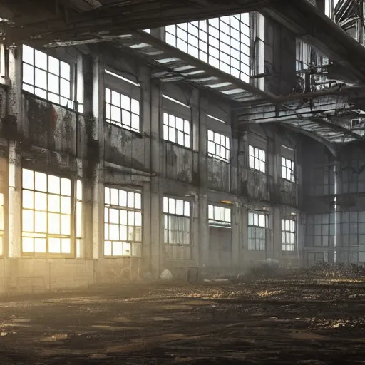 Prompt: abandoned industrial factory interior, sunlight filtering through windows, digital art, trending on artstation