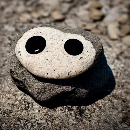 Prompt: a rock with googling eyes on