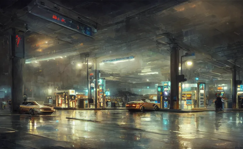 Prompt: Gas station, intricate, elegant, volumetric lighting, digital painting, highly detailed, artstation, sharp focus, illustration, concept art, ruan jia, steve mccurry