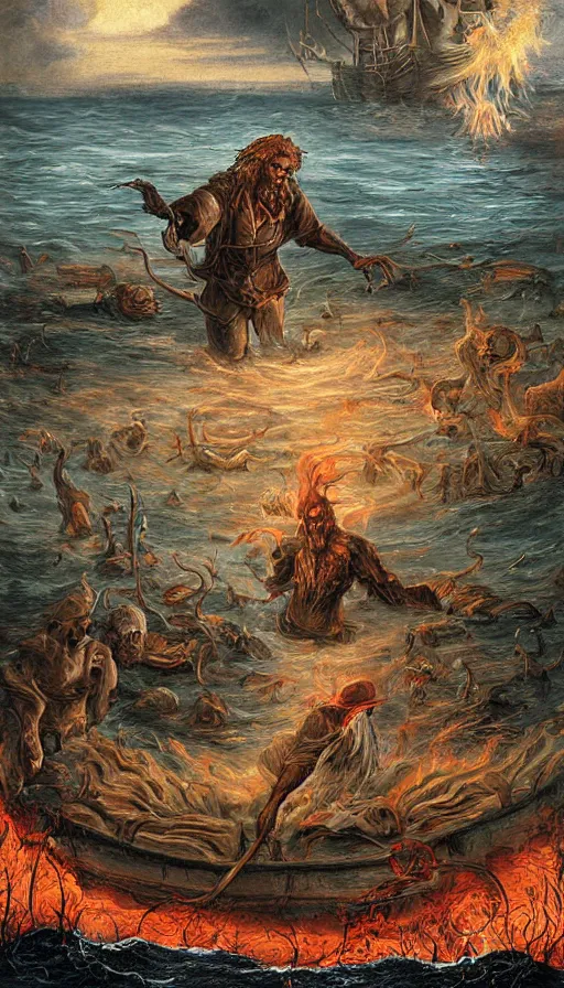 Image similar to man on boat crossing a body of water in hell with creatures in the water, sea of souls, by steve argyle