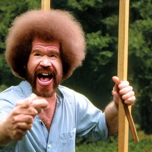 Image similar to bob ross screaming on a swingset