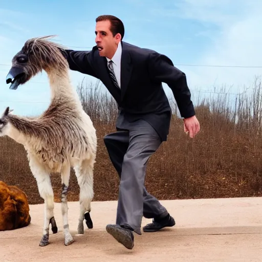 Image similar to High quality photo of Michael Scott doing parkour with a llama