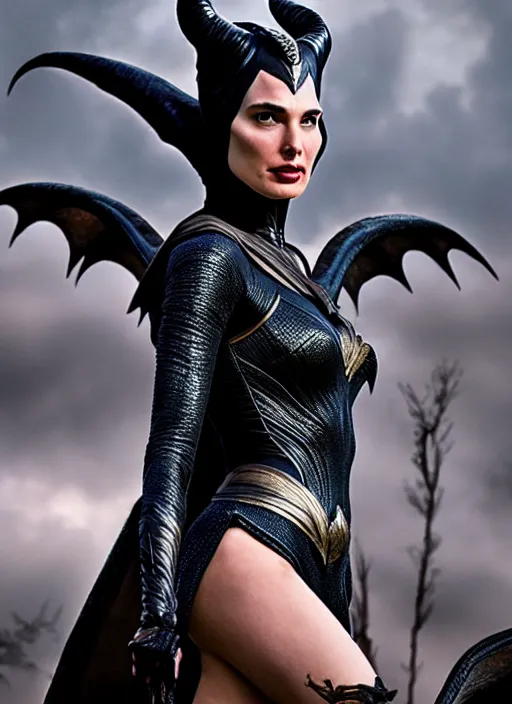 Prompt: a highly detailed cinematic full length body shot color photograph of gal gadot as a maleficent, ultra realistic, depth, beautiful lighting, photorealistic, hyperrealistic, octane, epic composition, hasselblad camera, 5 0 mm, sharp focus, perfect facial symmetry