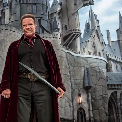 Image similar to Arnold Schwarzenegger as Harry Potter, 4k movie screen capture, high detail