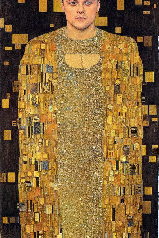 Image similar to ”Leonardo di Caprio as Gatsby”, Gustav Klimt (1901), oil and gold leaf