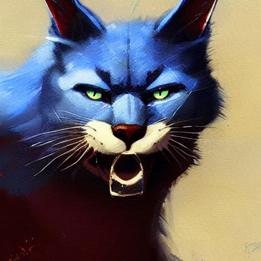 Image similar to blue cat with red sable in the mouth. painting by greg rutkowski