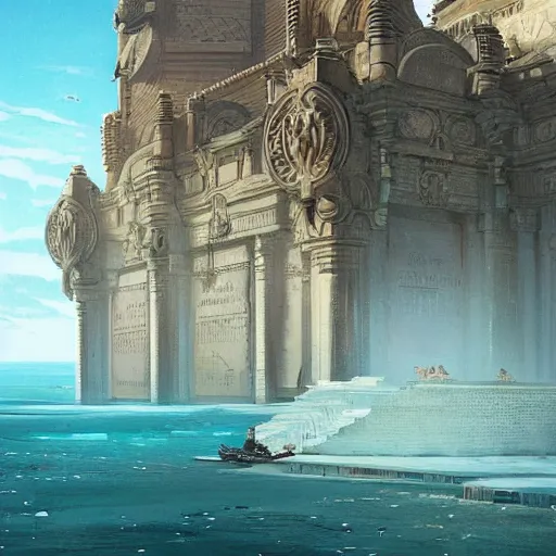 Image similar to a fijian queen looks down on her city from the palace balcony, giant sea walls keeping out the ocean after the ice caps melted, sci - fi art by greg rutkowski