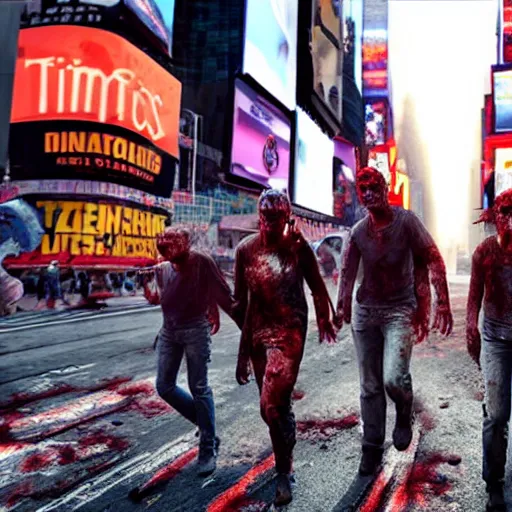 Image similar to Zombies walking in Times Square, realistic artstyle, wide shot, dramatic lighting, octane render, hyperrealistic, high quality, highly detailed, HD, beautiful, cinematic, 8k, unreal engine, facial accuracy, symmetrical