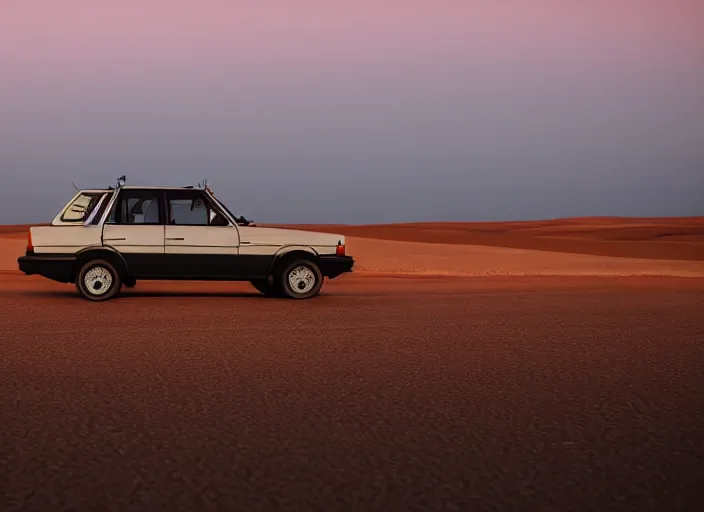 Prompt: a volvo 2 4 0 drivning high speed in the desert, sunset